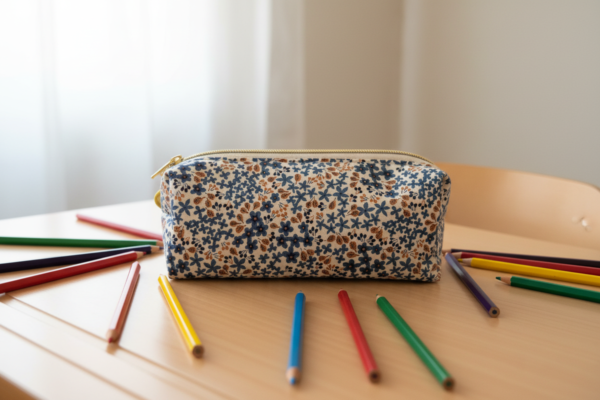Trousse fleurs bleues sur bureau scolaire