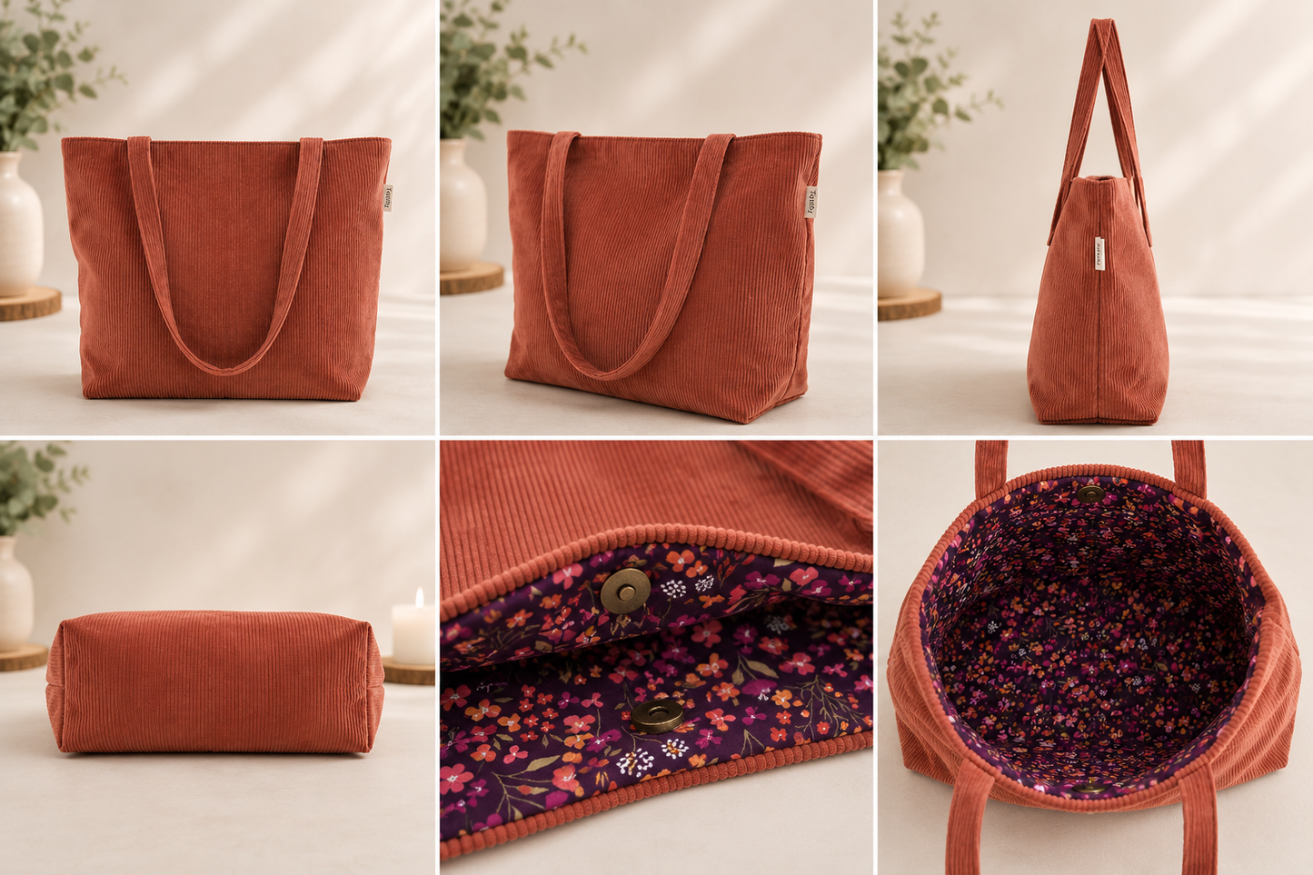 Kyoto Aki — Tote bag en velours côtelé terracotta | Pièce unique