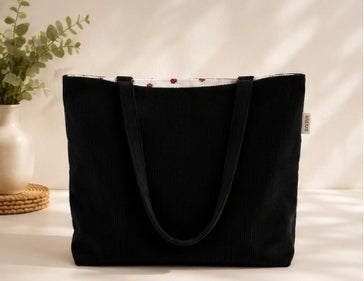 Tote bag Kyoto Jaspe en velours côtelé noir, vue de face