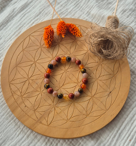 Bracelet "Feu & Lumière" – Œil de Tigre, Cornaline, Jaspe Rouge & Pierre de Lune Rose