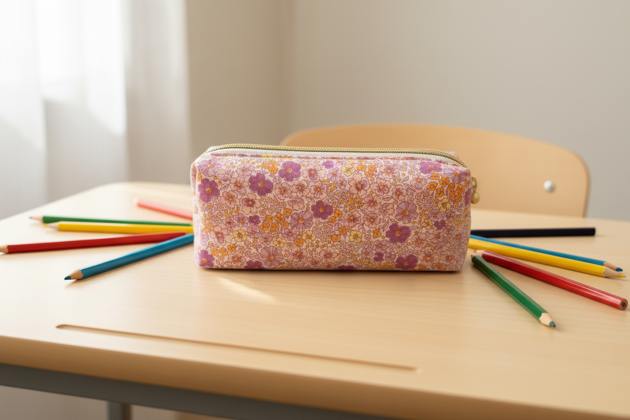 Trousse fleurs rétro sur bureau scolaire